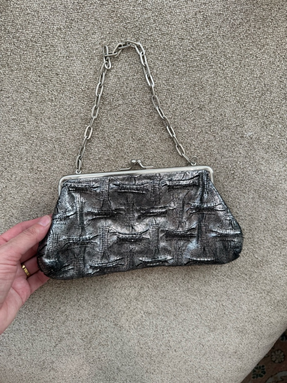 Kenneth Cole Reaction Metallic Silver Textured Chain Clutch